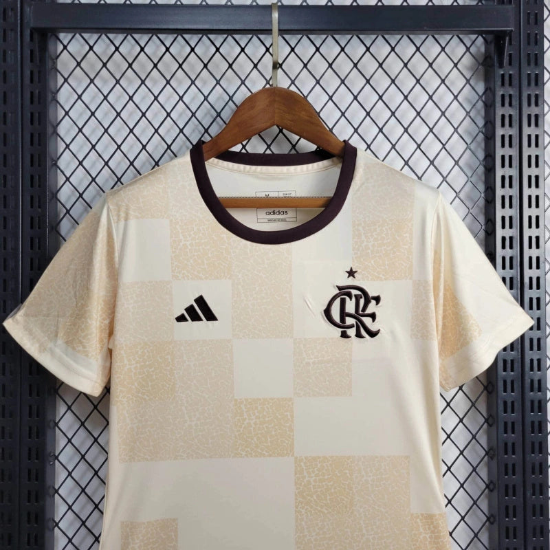 Camisa Pré Jogo Flamengo | 24/25 Torcedor Adidas - Branca e Marrom - Feminina