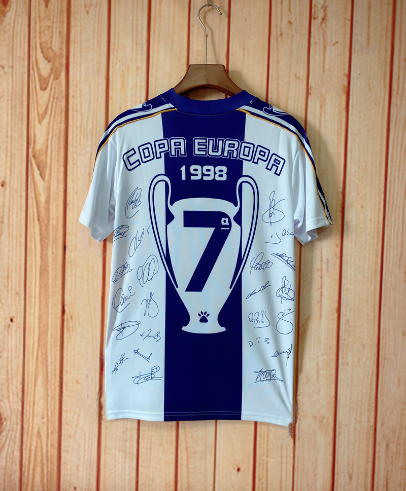 Camisa Champions League Real Madrid Retrô | 97/98 Torcedor Kelme - Branca e Roxa
