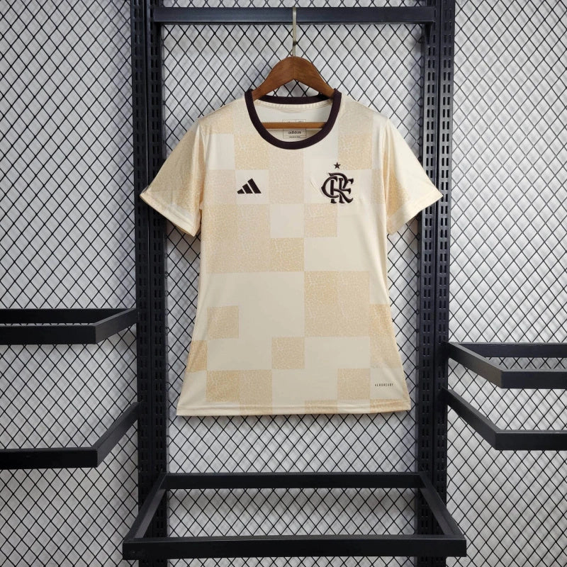 Camisa Pré Jogo Flamengo | 24/25 Torcedor Adidas - Branca e Marrom - Feminina